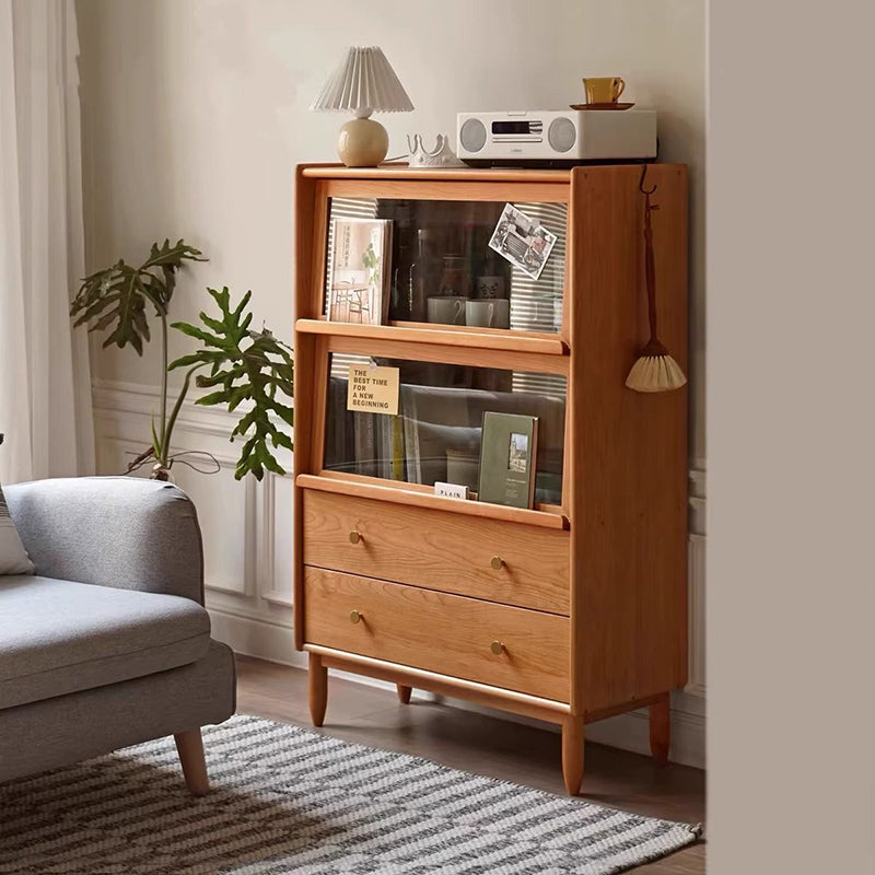 Traditional Japanese Rectangular Pine Wood Solid Wood Multi-Layer Board Glass Storage Sideboard 2-Drawer For Living Room & Dining Room