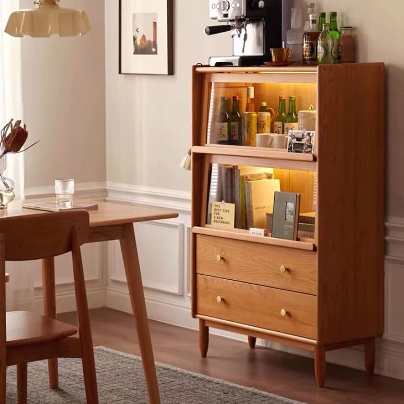 Traditional Japanese Rectangular Pine Wood Solid Wood Multi-Layer Board Glass Storage Sideboard 2-Drawer For Living Room & Dining Room