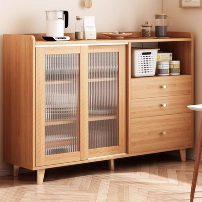 Traditional Japanese Rectangular Solid Wood MDF Artificial Board Acrylic Sideboard Cabinet 3-Drawer For Dining Room & Living Room