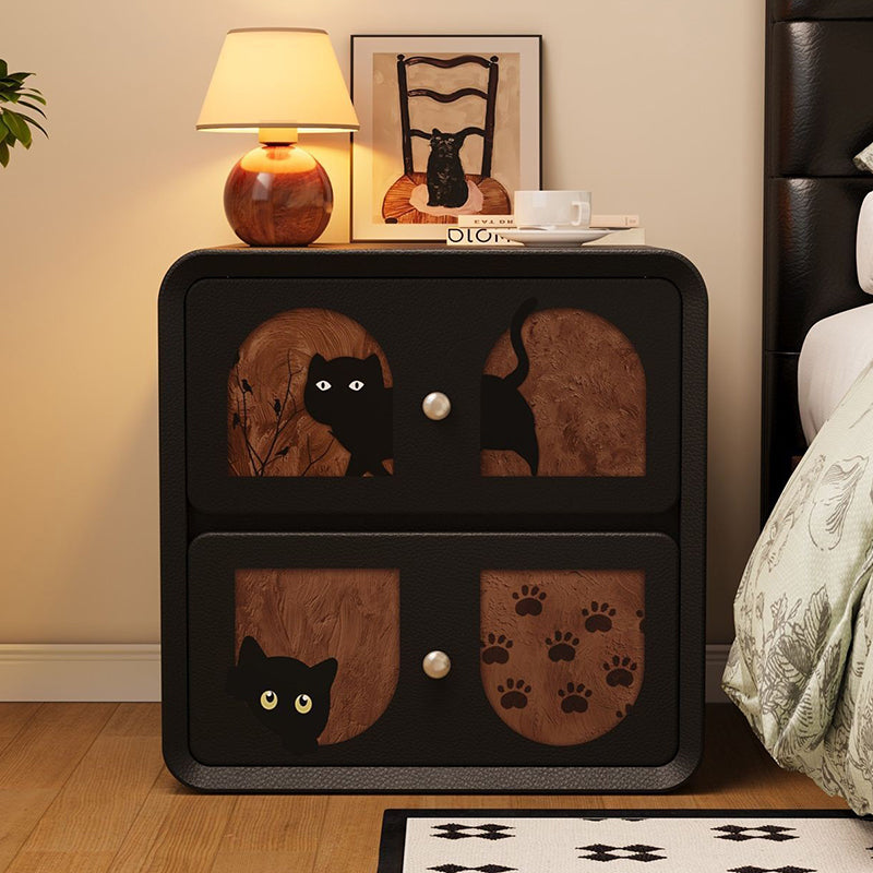 Modern Art Deco Cartoon Animals MDF Solid Wood Multi-Layer Board Cat Scratching Leather Nightstand 2-Drawer For Bedroom
