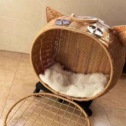 Contemporary Creative Cartoon Cat Iron PE Rattan Weaving Portable & Movable Hollowed-Out Cat Bed 1- Basket For Garden