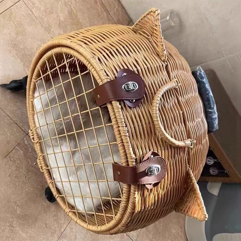 Contemporary Creative Cartoon Cat Iron PE Rattan Weaving Portable & Movable Hollowed-Out Cat Bed 1- Basket For Garden