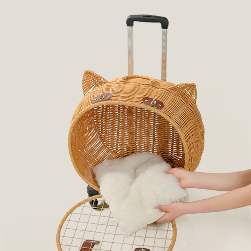 Contemporary Creative Cartoon Cat Iron PE Rattan Weaving Portable & Movable Hollowed-Out Cat Bed 1- Basket For Garden