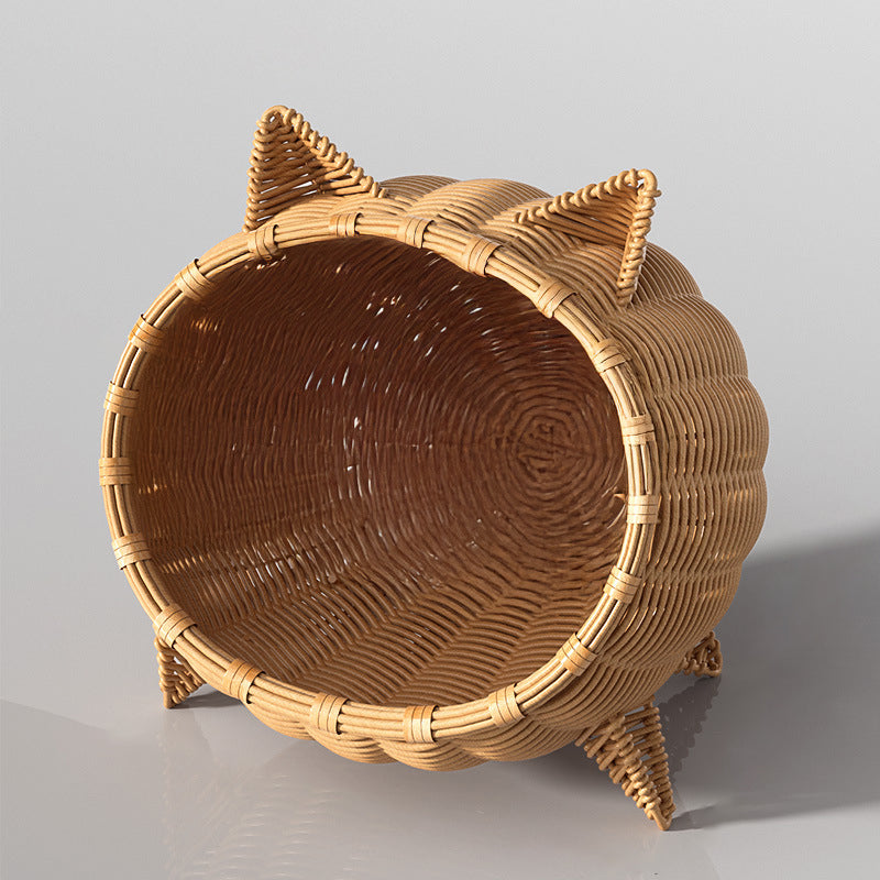 Contemporary Boho Cartoon Cat Head Iron Drop-Molded & Faux Linen Fabric PE Rattan Weaving Cat Bed 1- Tier For Living Room
