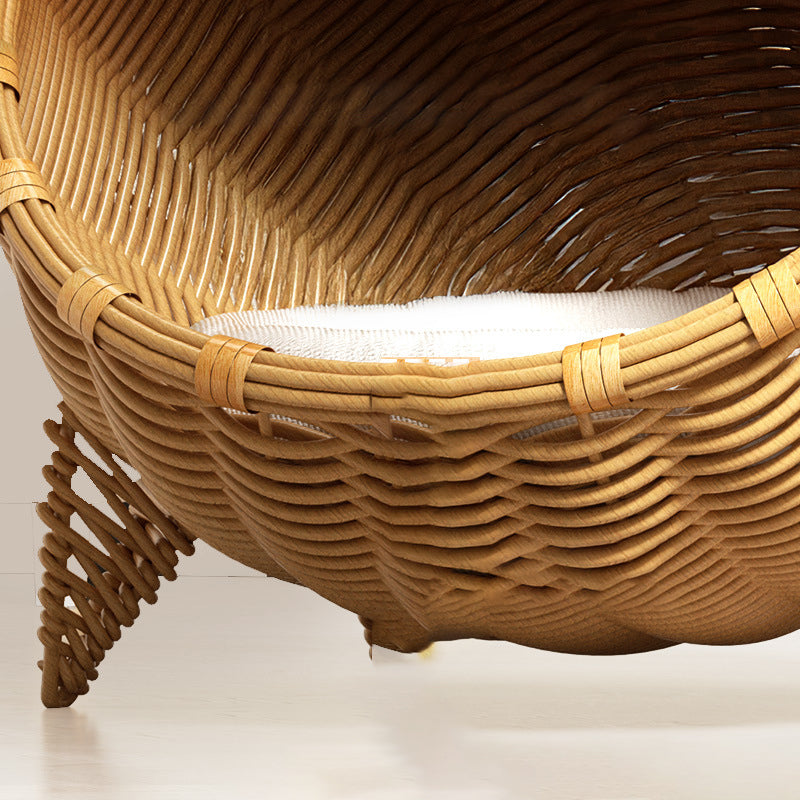 Contemporary Boho Cartoon Cat Head Iron Drop-Molded & Faux Linen Fabric PE Rattan Weaving Cat Bed 1- Tier For Living Room