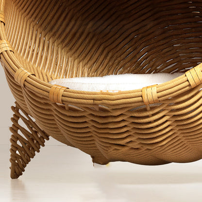 Contemporary Boho Cartoon Cat Head Iron Drop-Molded & Faux Linen Fabric PE Rattan Weaving Cat Bed 1- Tier For Living Room