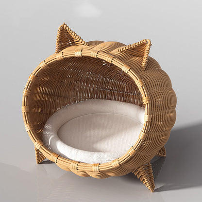 Contemporary Boho Cartoon Cat Head Iron Drop-Molded & Faux Linen Fabric PE Rattan Weaving Cat Bed 1- Tier For Living Room
