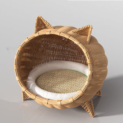 Contemporary Boho Cartoon Cat Head Iron Drop-Molded & Faux Linen Fabric PE Rattan Weaving Cat Bed 1- Tier For Living Room