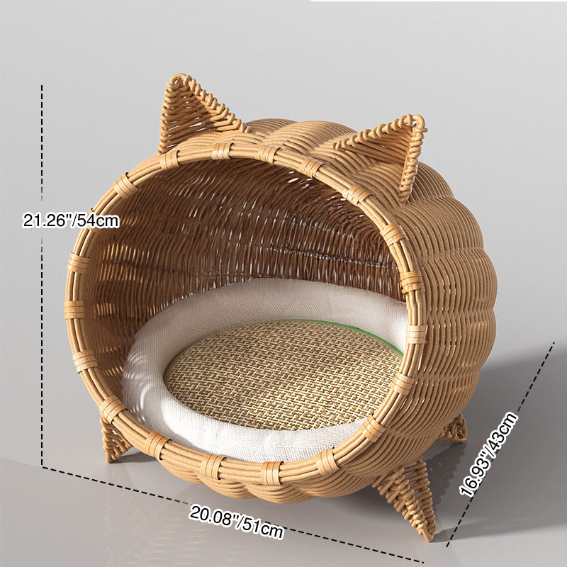 Contemporary Boho Cartoon Cat Head Iron Drop-Molded & Faux Linen Fabric PE Rattan Weaving Cat Bed 1- Tier For Living Room