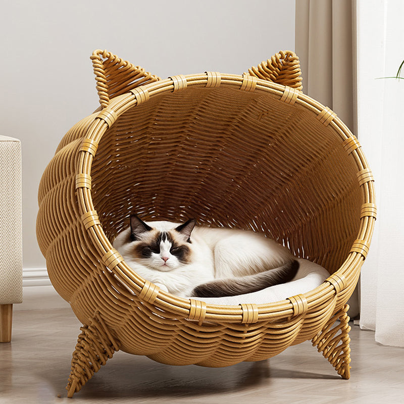 Contemporary Boho Cartoon Cat Head Iron Drop-Molded & Faux Linen Fabric PE Rattan Weaving Cat Bed 1- Tier For Living Room