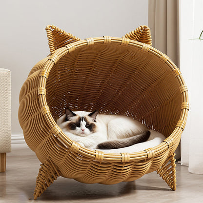 Contemporary Boho Cartoon Cat Head Iron Drop-Molded & Faux Linen Fabric PE Rattan Weaving Cat Bed 1- Tier For Living Room