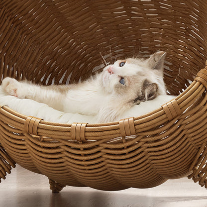 Contemporary Boho Cartoon Cat Head Iron Drop-Molded & Faux Linen Fabric PE Rattan Weaving Cat Bed 1- Tier For Living Room