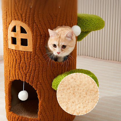 Traditional Rustic Tree Pine Wood MDF Sisal Crystal Flannelette Floor-Standing Cat Tower 1/2/3-Hole For Living Room