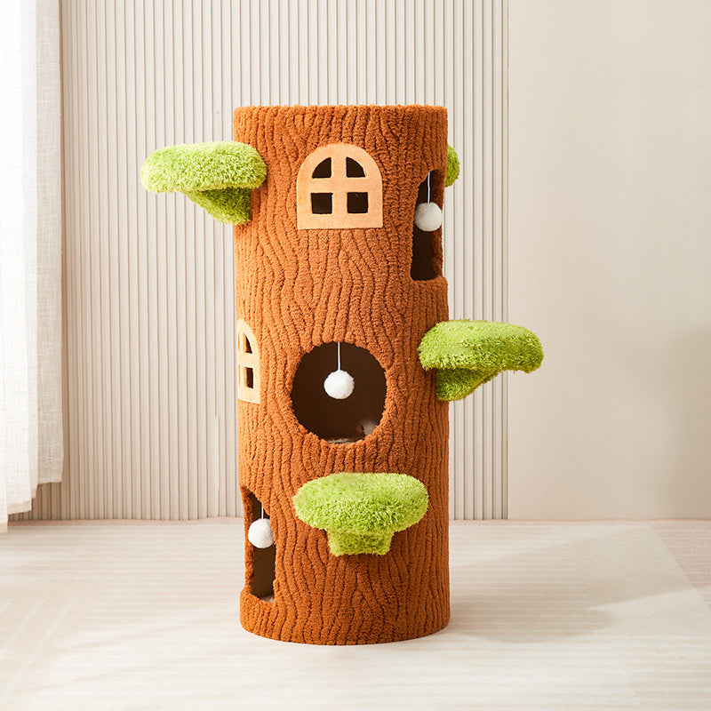 Traditional Rustic Tree Pine Wood MDF Sisal Crystal Flannelette Floor-Standing Cat Tower 1/2/3-Hole For Living Room