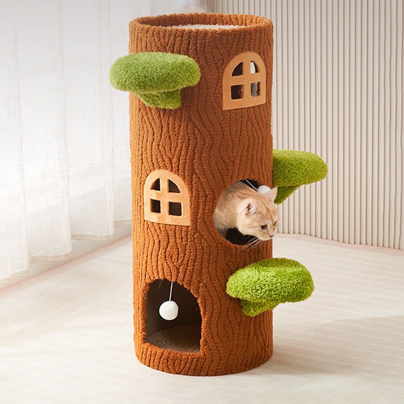Traditional Rustic Tree Pine Wood MDF Sisal Crystal Flannelette Floor-Standing Cat Tower 1/2/3-Hole For Living Room