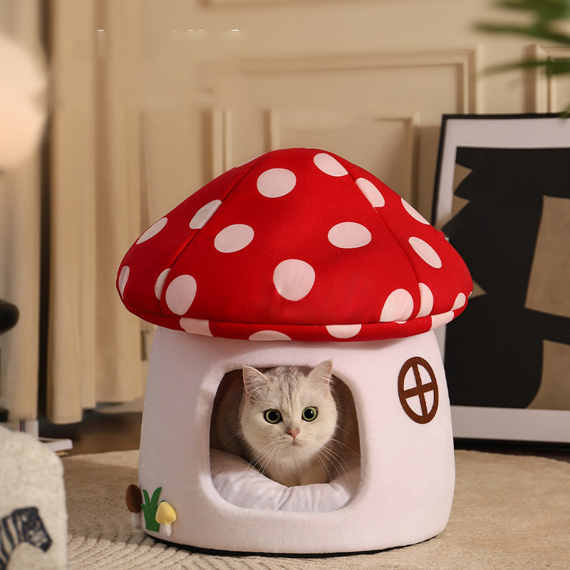 Contemporary Creative Cartoon Mushroom Short-Pile Plush Felt Drop-molded Oxford Fabric Sponge PP Cotton Cat Bed 1- Tier For Living Room