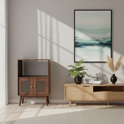 Traditional Japanese Rectangular Pine & Multi-Layer Solid Wood Ripple Glass Sideboard 1/4-Cabinet For Living Room & Dining Room