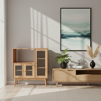 Traditional Japanese Rectangular Pine & Multi-Layer Solid Wood Ripple Glass Sideboard 1/4-Cabinet For Living Room & Dining Room