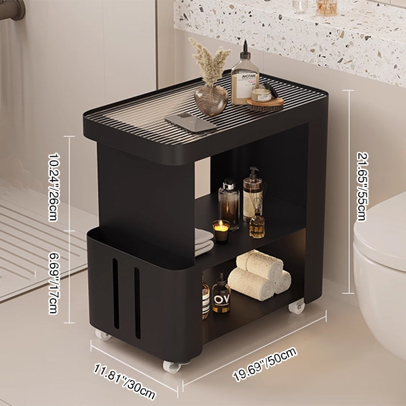 Modern Minimalist Rectangular Carbon Steel Fluted Glass Movable End Table 3-Tier For Living Room