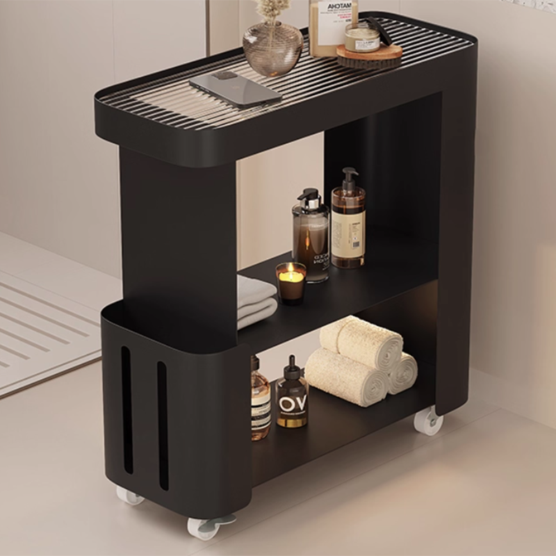 Modern Minimalist Rectangular Carbon Steel Fluted Glass Movable End Table 3-Tier For Living Room
