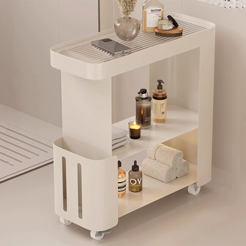 Modern Minimalist Rectangular Carbon Steel Fluted Glass Movable End Table 3-Tier For Living Room