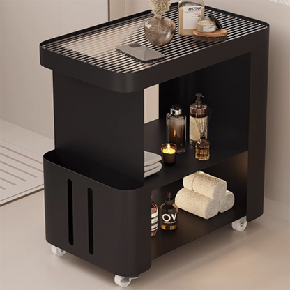 Modern Minimalist Rectangular Carbon Steel Fluted Glass Movable End Table 3-Tier For Living Room