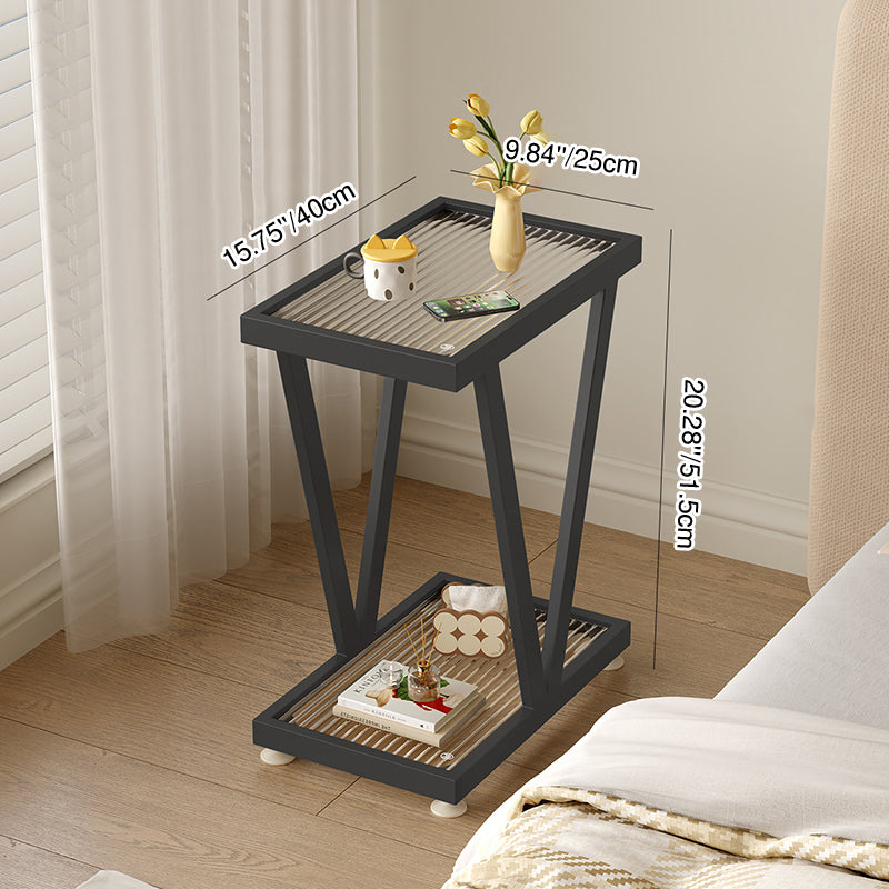 Contemporary Industrial Slim Rectangular Carbon Steel Glass End Table 2-Tier Design For Living Room