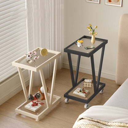 Contemporary Industrial Slim Rectangular Carbon Steel Glass Movable End Table 2-Tier For Living Room