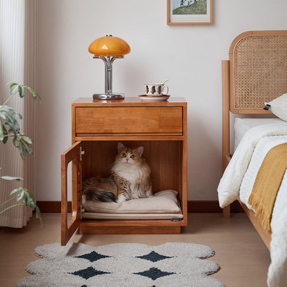 Contemporary Creative Rectangular Rubberwood Plywood Pine Wood Cat Bed Nightstand 1-Drawer For Bedroom