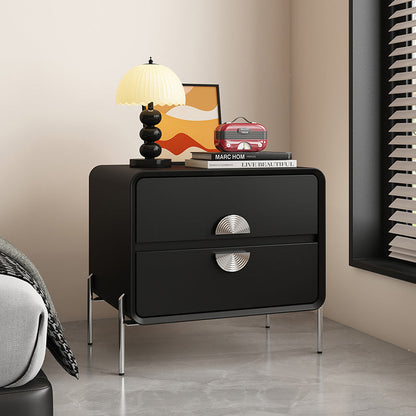 Contemporary Nordic Solid Wood Multi-Layer Board Stainless Steel Cat Scratching Leather Rectangular Nightstand 2-Drawer For Bedroom