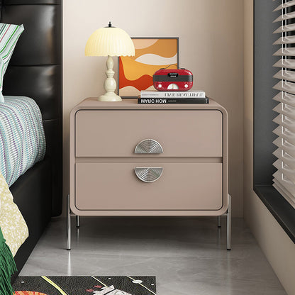 Contemporary Nordic Solid Wood Multi-Layer Board Stainless Steel Cat Scratching Leather Rectangular Nightstand 2-Drawer For Bedroom