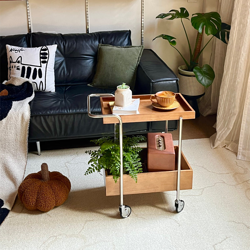 Traditional Vintage Movable Rectangular Rubberwood Stainless Steel Side Table 2-Tier For Living Room & Bedroom