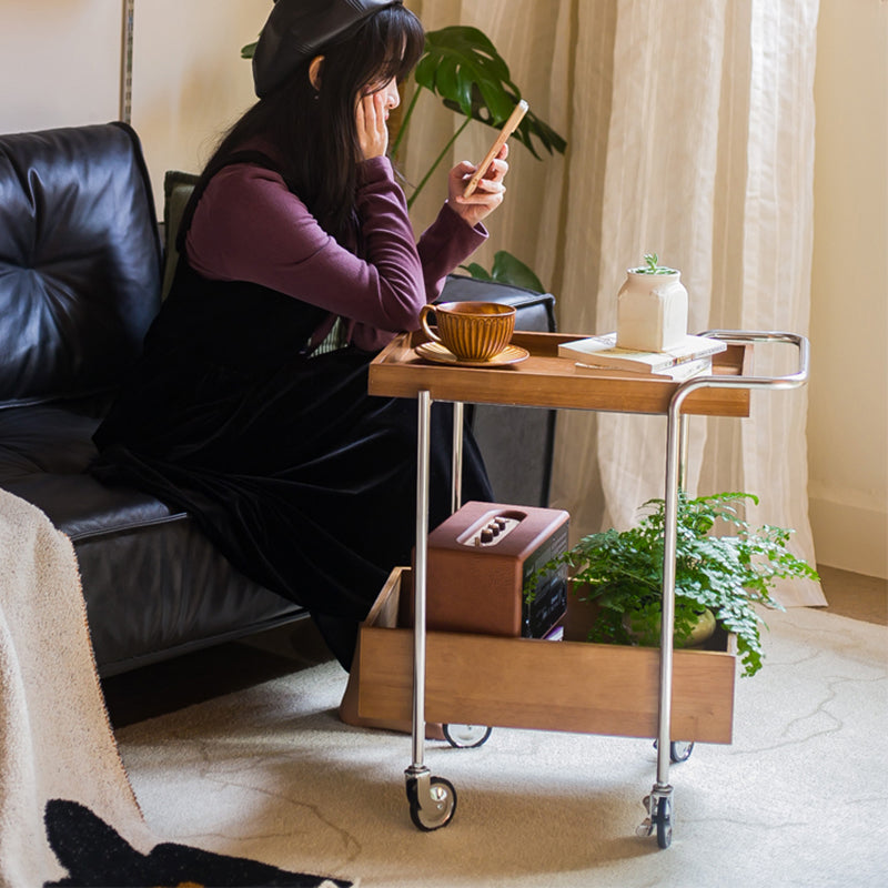 Traditional Vintage Movable Rectangular Rubberwood Stainless Steel Side Table 2-Tier For Living Room & Bedroom