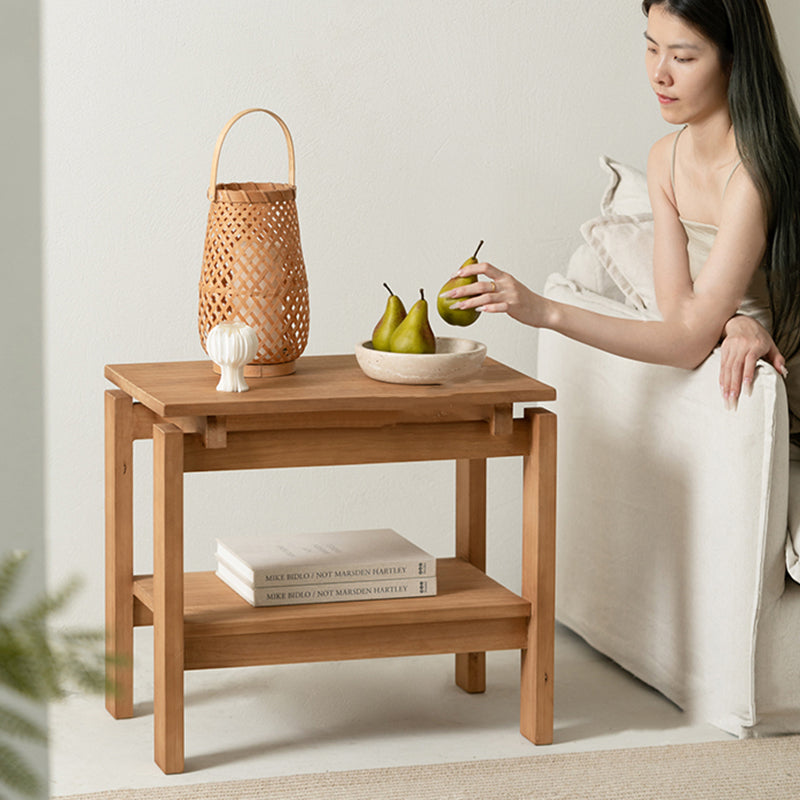 Traditional Rustic Pine Wood Rectangular Side Table 2-Tier For Living Room