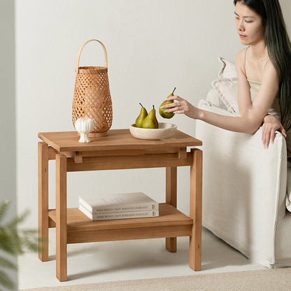 Traditional Rustic Pine Wood Rectangular Side Table 2-Tier For Living Room