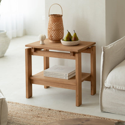 Traditional Rustic Pine Wood Rectangular Side Table 2-Tier For Living Room