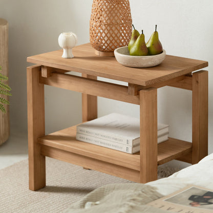 Traditional Rustic Pine Wood Rectangular Side Table 2-Tier For Living Room