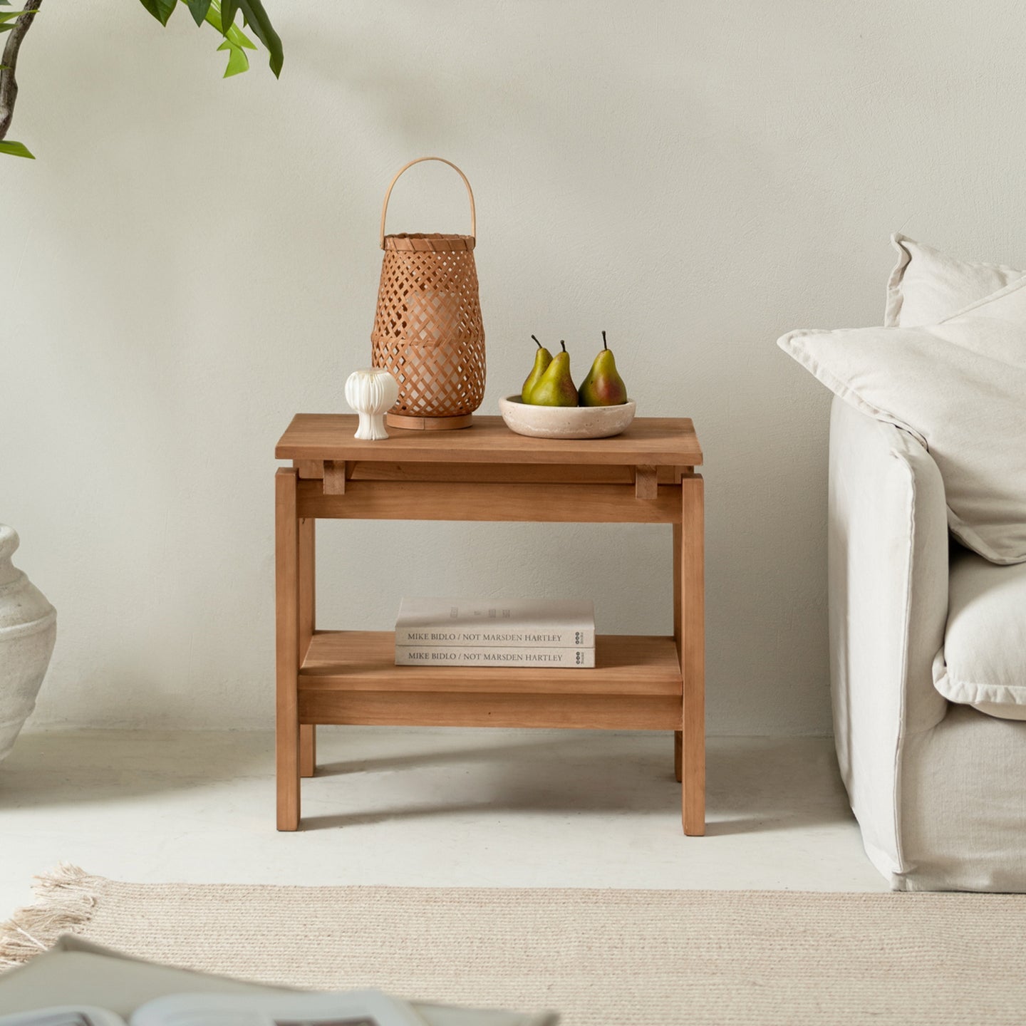 Traditional Rustic Pine Wood Rectangular Side Table 2-Tier For Living Room