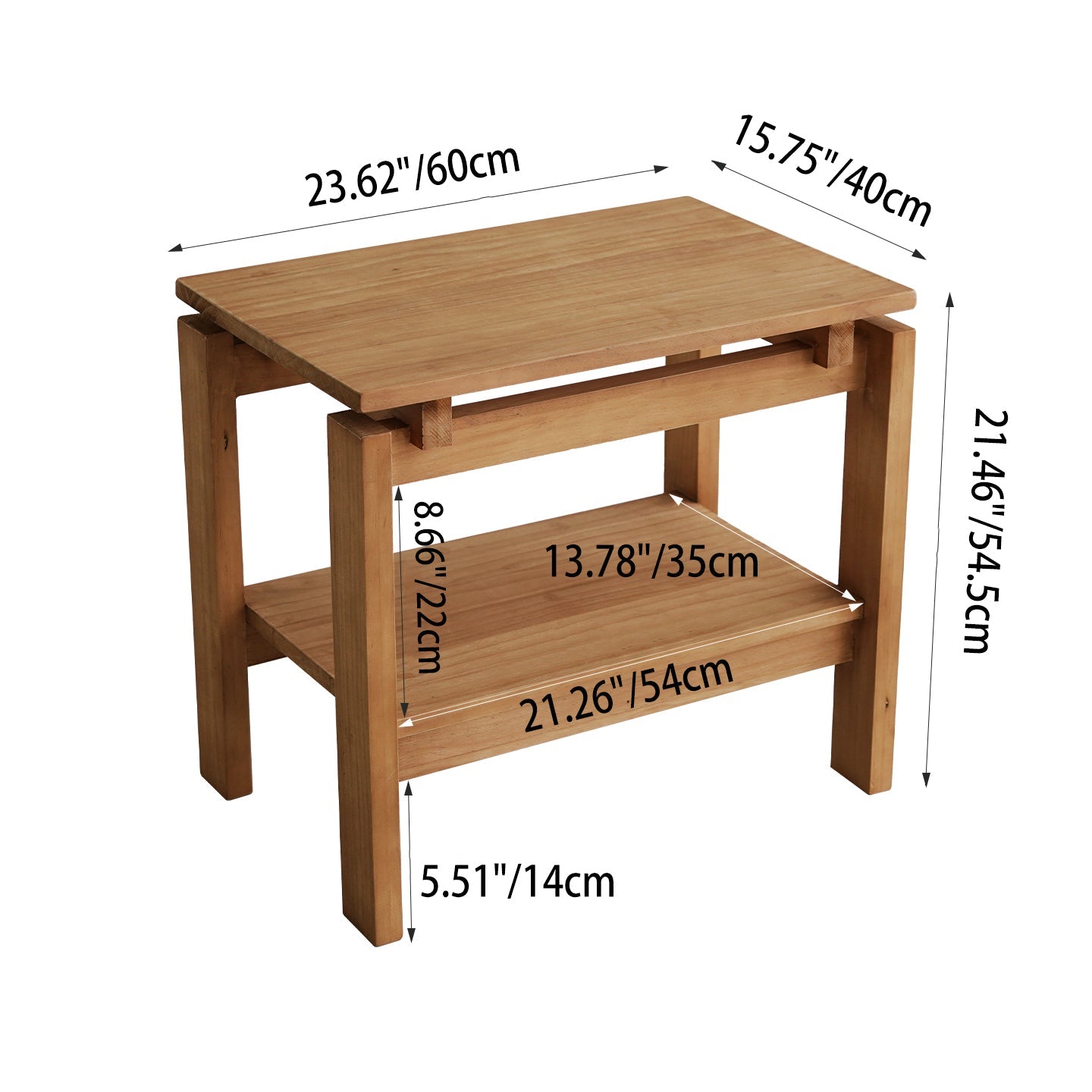 Traditional Rustic Pine Wood Rectangular Side Table 2-Tier For Living Room