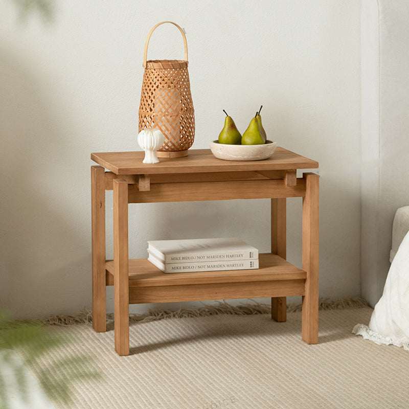 Traditional Rustic Pine Wood Rectangular Side Table 2-Tier For Living Room