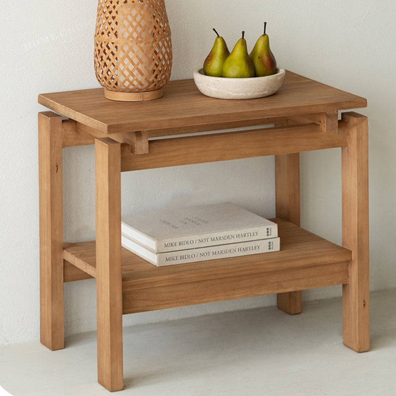 Traditional Rustic Pine Wood Rectangular Side Table 2-Tier For Living Room