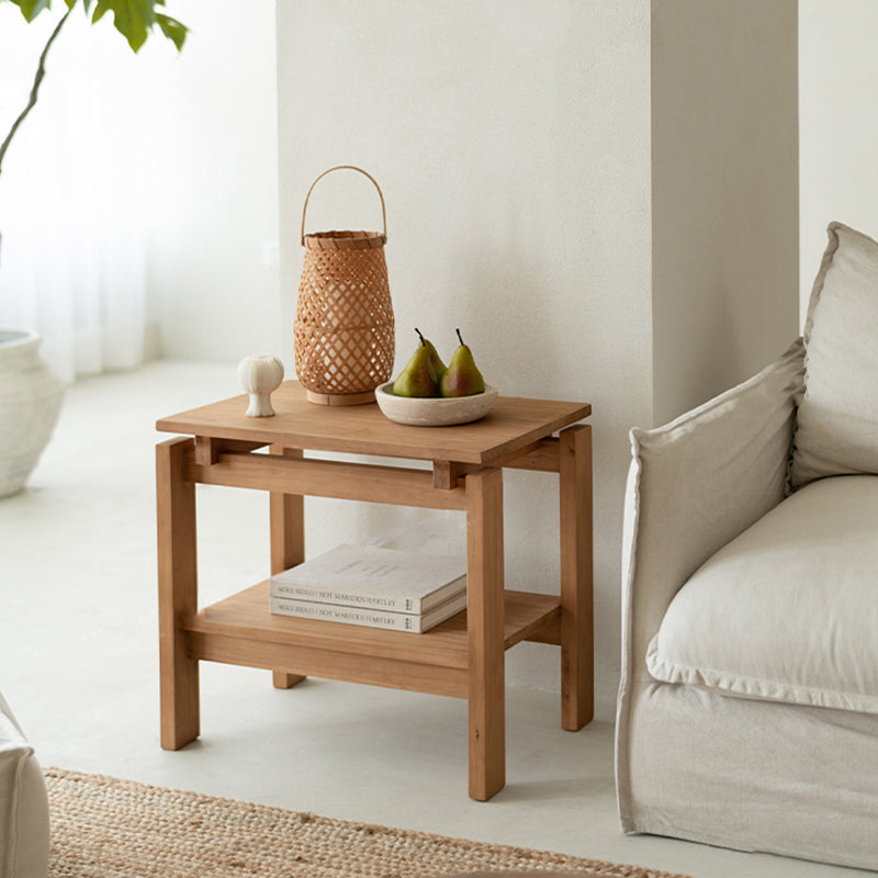 Traditional Rustic Pine Wood Rectangular Side Table 2-Tier For Living Room