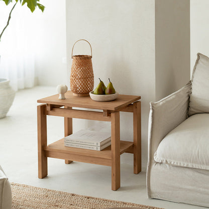 Traditional Rustic Pine Wood Rectangular Side Table 2-Tier For Living Room