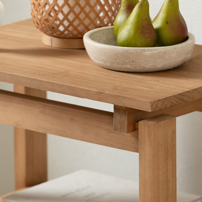 Traditional Rustic Pine Wood Rectangular Side Table 2-Tier For Living Room