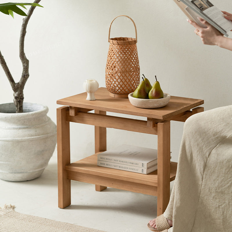 Traditional Rustic Pine Wood Rectangular Side Table 2-Tier For Living Room