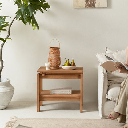 Traditional Rustic Pine Wood Rectangular Side Table 2-Tier For Living Room