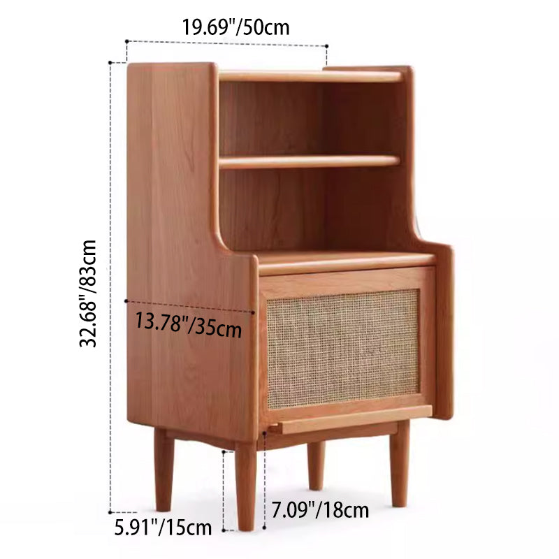Traditional Rustic Solid Wood Multi-Layer Board Rattan Weaving Rectangular Nightstand With 2-Cabinet For Bedroom