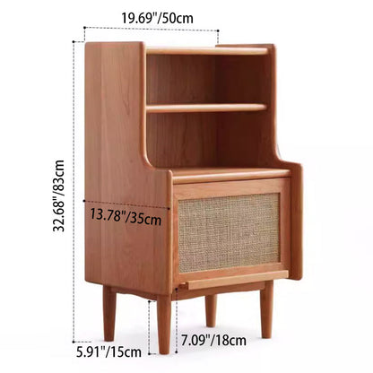 Traditional Rustic Solid Wood Multi-Layer Board Rattan Weaving Rectangular Nightstand With 2-Cabinet For Bedroom