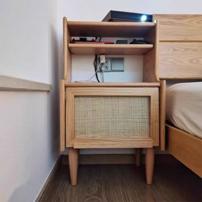 Traditional Rustic Solid Wood Multi-Layer Board Rattan Weaving Rectangular Nightstand With 2-Cabinet For Bedroom