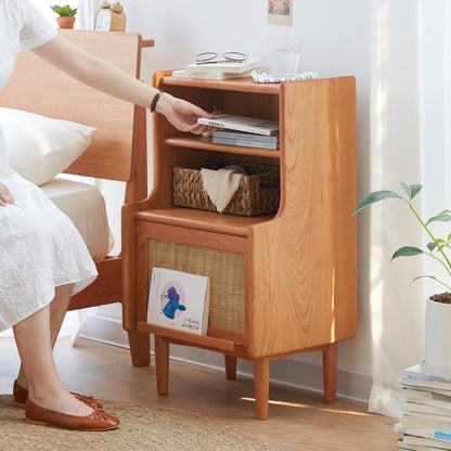 Traditional Rustic Solid Wood Multi-Layer Board Rattan Weaving Rectangular Nightstand With 2-Cabinet For Bedroom